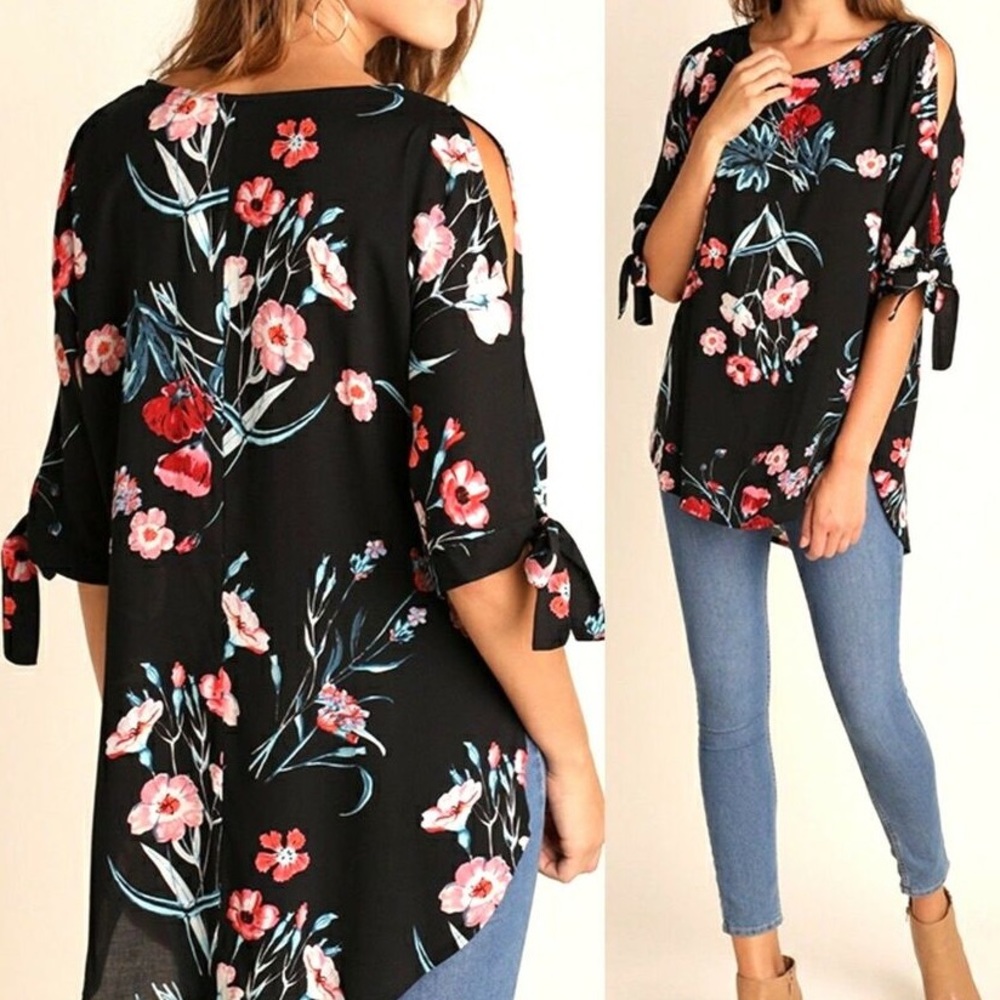 Umgee Pink and Red 3/4 Sleeve Tie Front Blouse - Picture 2 of 8